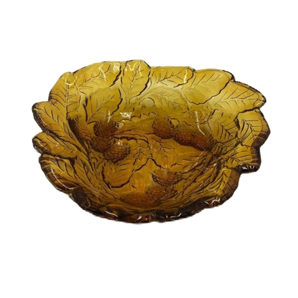 Vintage Amber Glass Harvest Grape Vine Leaf Bowl